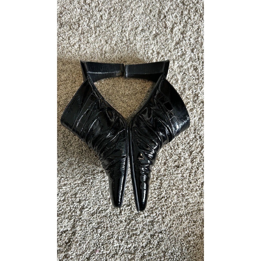 Brighton Black Patent Leather Ruched Mules Ornate Silver Medallion Heels Italy‎ - Picture 4 of 9